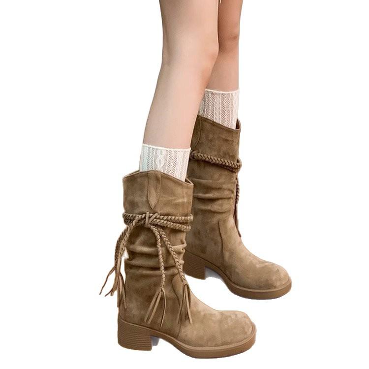 Версия из коровьей кожи~ ретро пустошь бахрома рыцарские сапоги толстый каблук, но ботфорты до колена тонкий ворс полусапожки женские