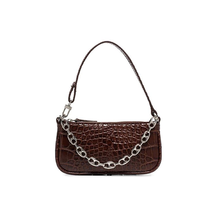 By Far Mini Rachel Series Leather Vintage Crocodile Pattern Chain Baguette Shoulder Bag Women Bags Hazelnut 20CRMIRANEDSMA