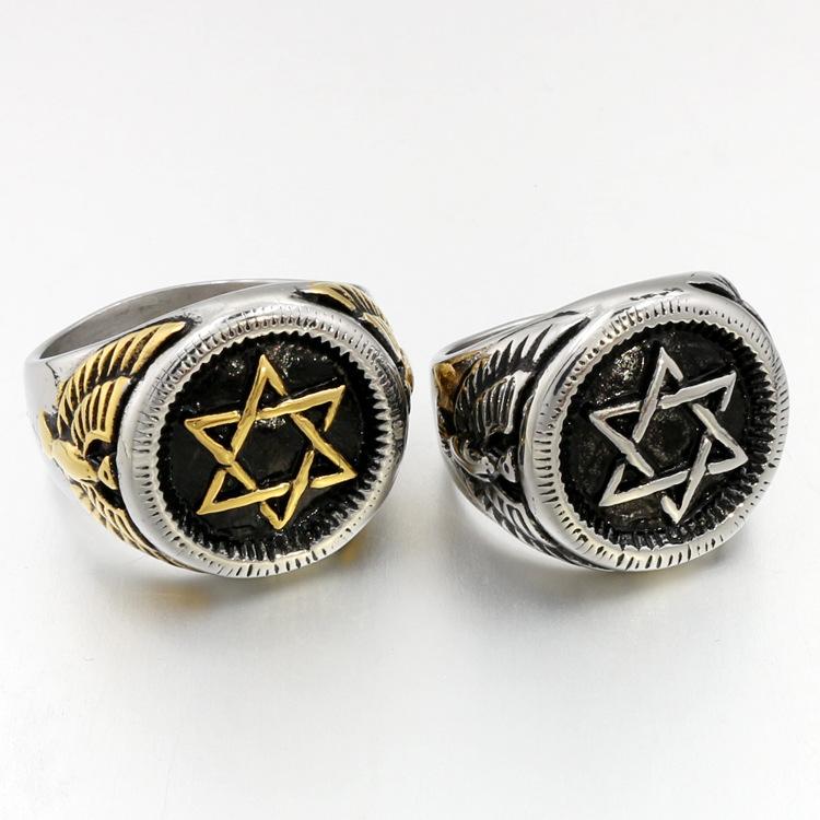 Men and Women Couple Titanium Stainless Steel Ring Six-pointed Star Eagle Head Hand Accessories Jewelry