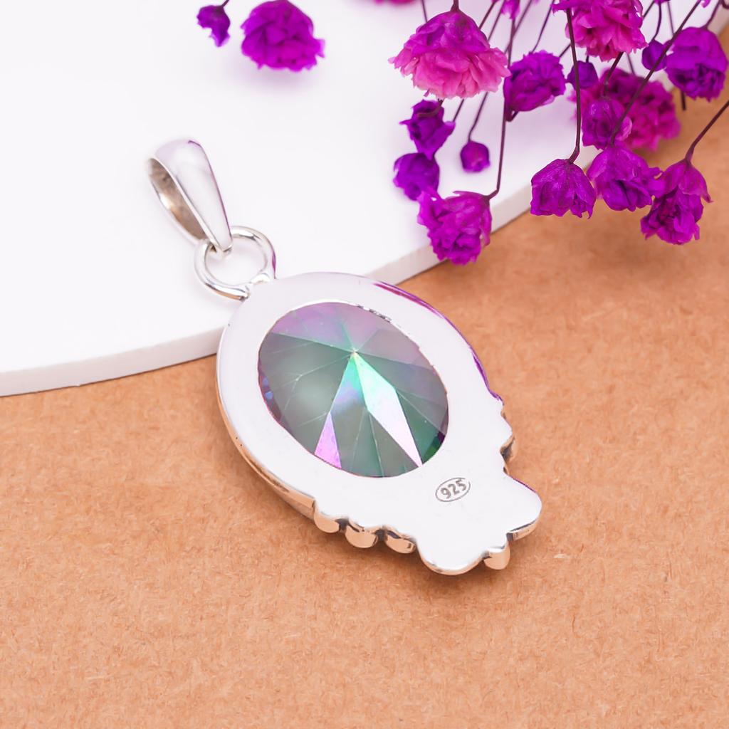Радужный Мистический Топаз Подвеска из Стерлингового Серебра 925 пробы V7661, Радужная Подвеска, Овальная Подвеска, Подарок на День Святого Валентина, Подарок для Неё, Подарок на День Рождения, Ручная работа