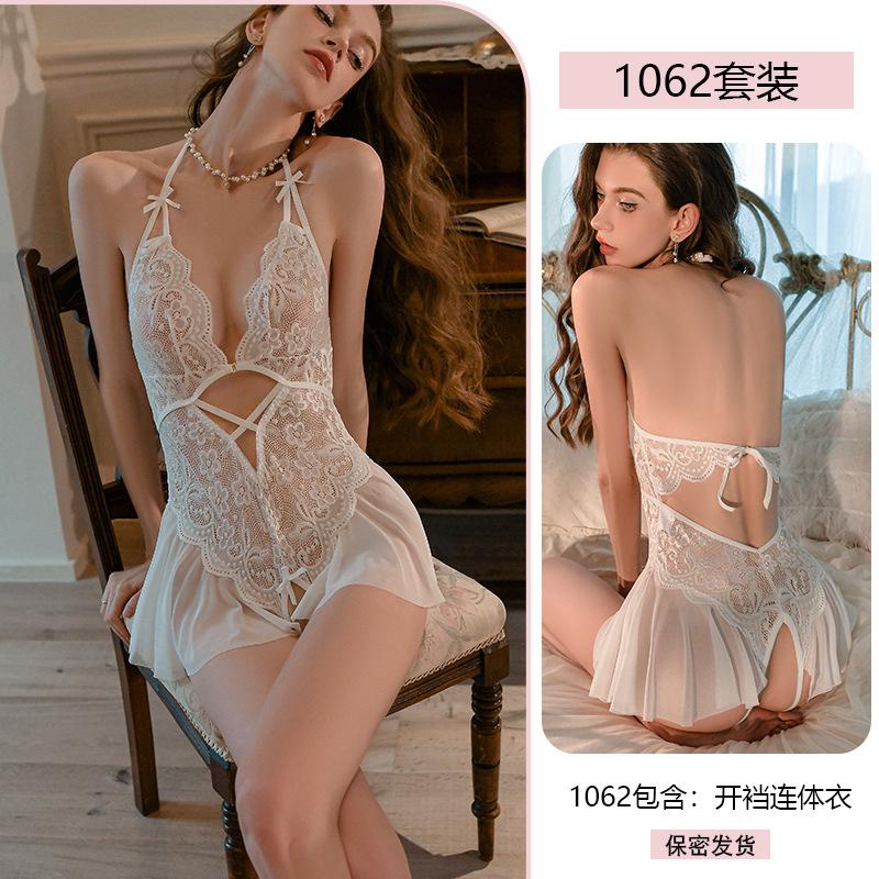 Erotic Underwear, Sexy neck-hanging lace Seductive open-crotch Jumpsuit, Pure Desire see-through uniform pajamas for Women 1062