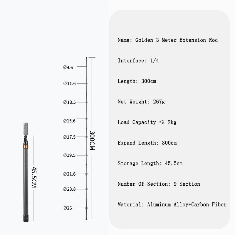 For Insta360 X5 X4 X3 X2 3m Long Carbon Fiber Extended Selfie Stick Scalable Monopod Stick Tripod for GoPro DJI Action Camera