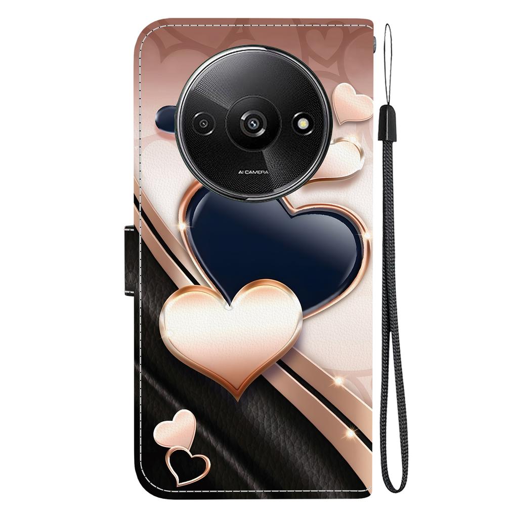Handmade PU Leather Flip Case for Xiaomi Redmi A3 Anti-Slip Shockproof Cover with Wrist Strap & Heart/Rose Cat Designs