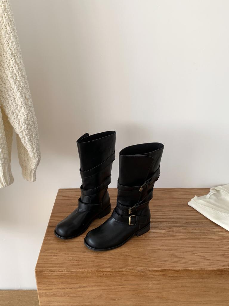 Coarse heel French retro western cowboy boots women's boots 2025 new mid-tube stack knight boots