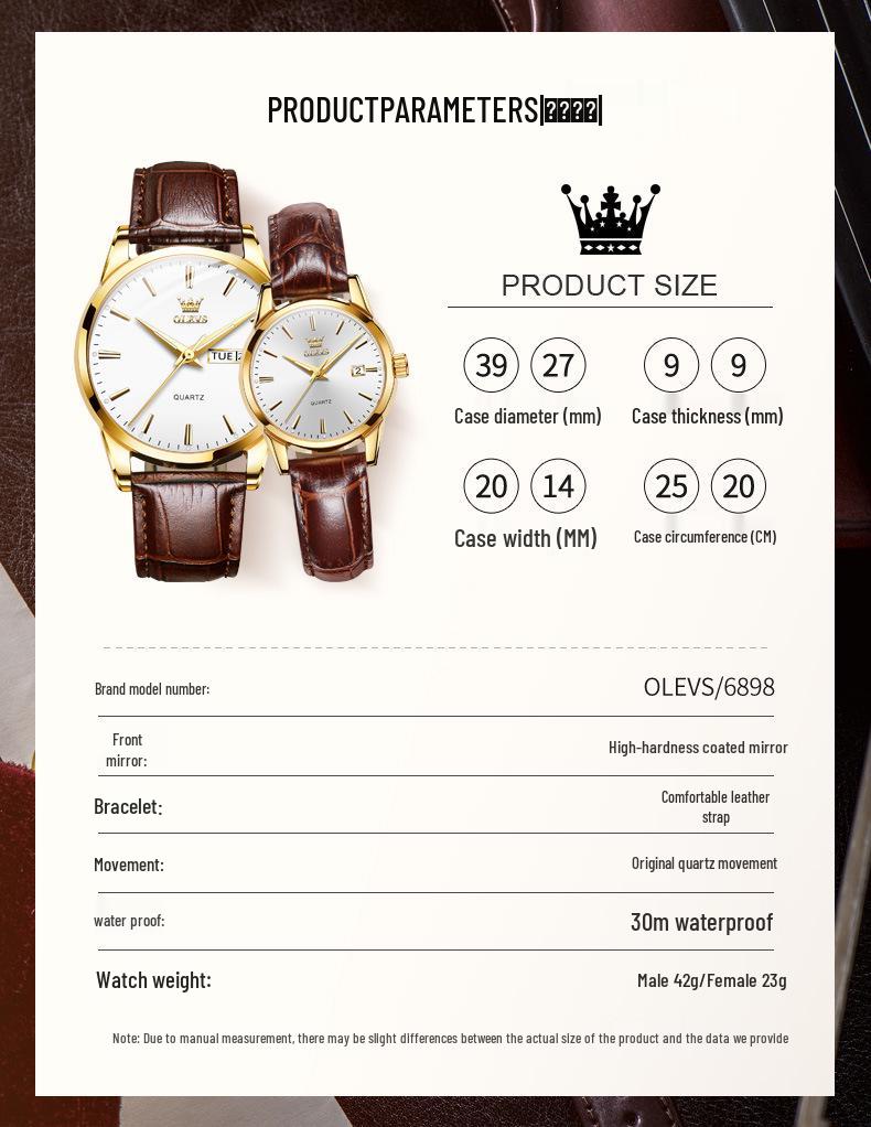 OLEVS Dual Calendar Waterproof Couple Women's Watch - Non-Mechanical