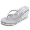 New Summer Sequins Thick Bottom Slippers Sandals Summer Women Beach Wedges Shoes Sexy High Heel Rhinestone Flip Fops Women