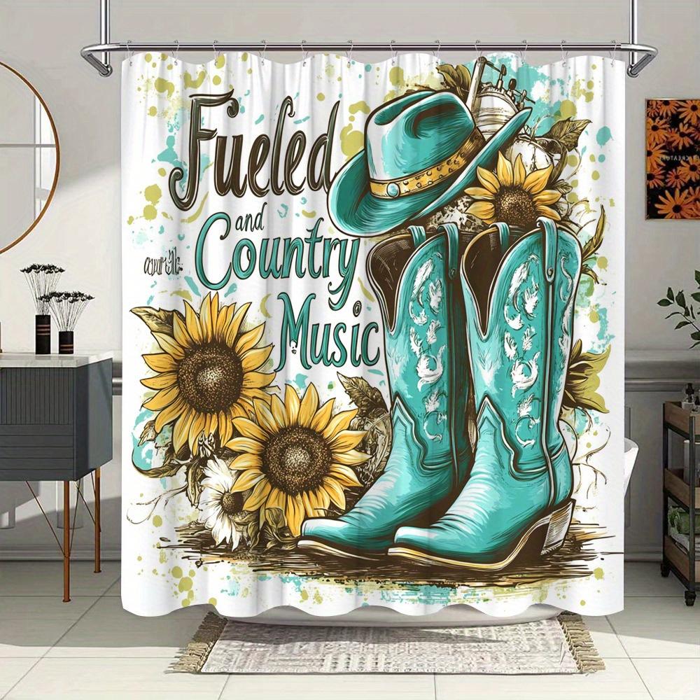 Vintage Americana Cowboy Shower Curtain - Turquoise Boots & Hat, Floral Embroidery, Sunflowers, Country Music Text, Polyester
