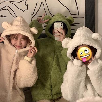 Корейская свободная куртка из овечьей шерсти с капюшоном и симпатичными ушками, женская зимняя куртка на молнии из бархата