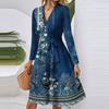 Women's Fashion Casual V-Neck Long Sleeve Waist Floral Print Midi Dress