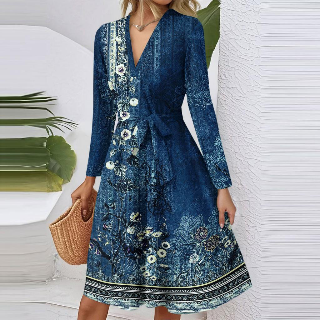 Women's Fashion Casual V-Neck Long Sleeve Waist Floral Print Midi Dress