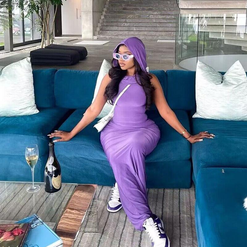 2025 Лето Женское Однотонное Платье Без Рукавов С Капюшоном И Разрезом На Бедрах Платье Для Детей