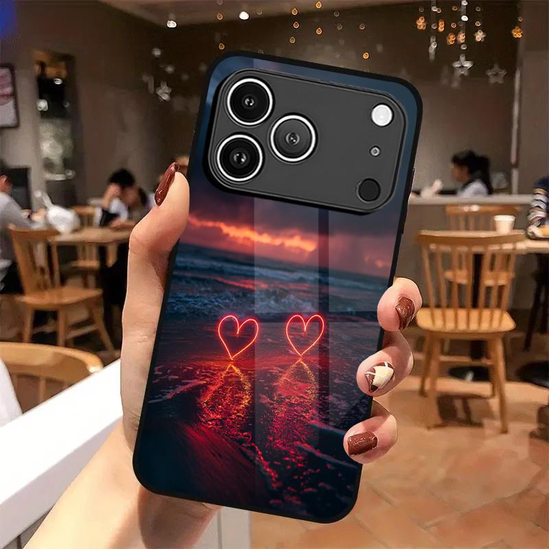 Bianhai Двухсердечный узор 2D Чехол для телефона для iPhone 17 16 15 14 13 12 11 X XR XS Max Pro 8 plus Стеклянная защитная крышка