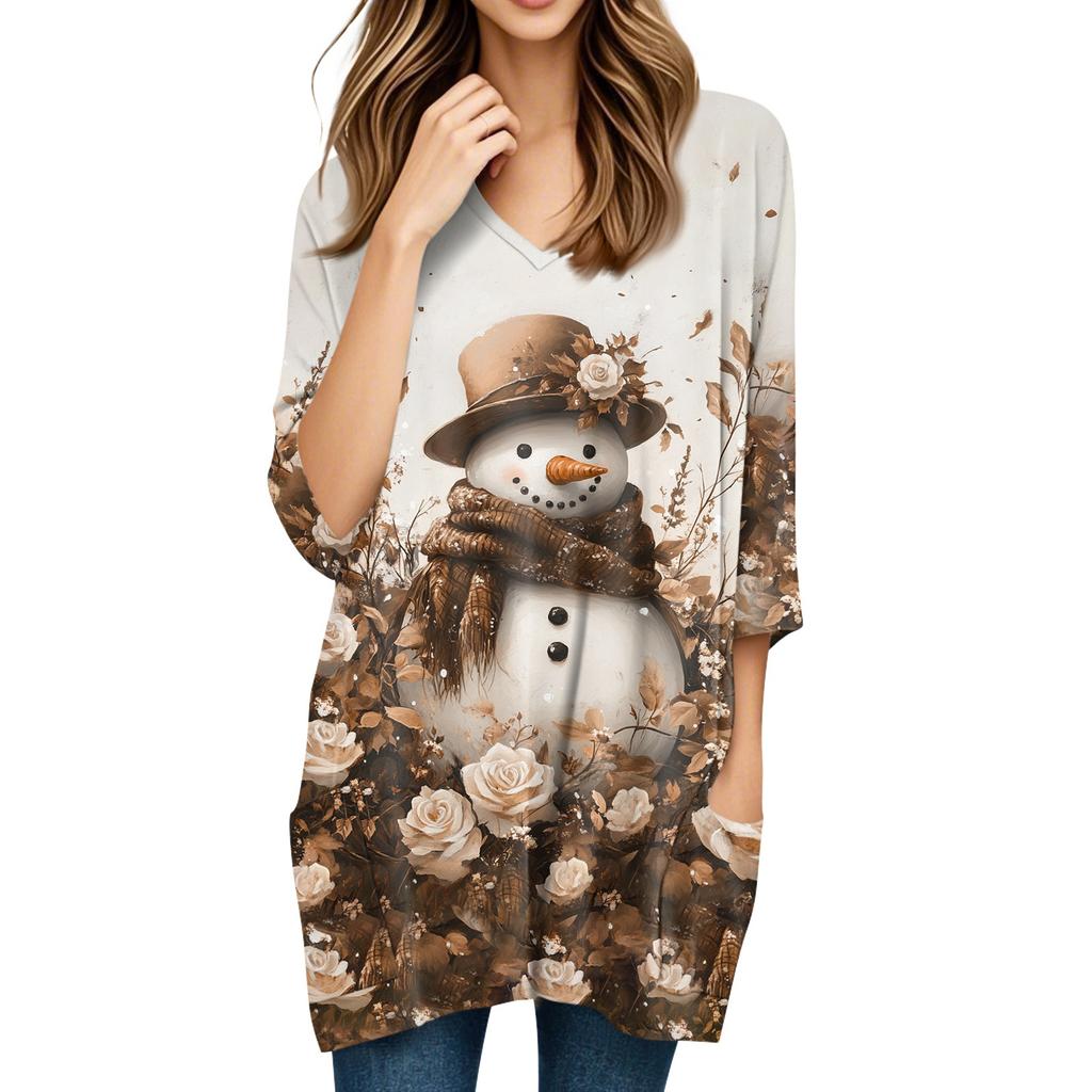 Женские топы с V-образным вырезом и рукавом 3/4, повседневные блузки средней длины, модные туники с рождественским принтом и карманами