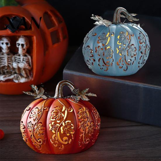 Halloween Home Decor Pumpkin Light Hand-Carved Vine Hollow Decorative Lamp Resin Lighted Centerpiece with Flickering LED Candlelight Effect
