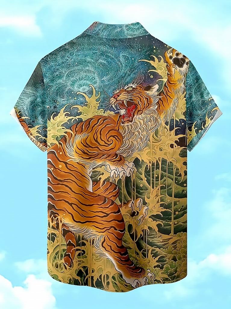 Рубашка с тигровым принтом Алоха, короткая, яркая, летняя, гавайская, большого размера [syatu032-L], Рукав, Стиль якудза/янки, Наряд, Фестиваль/Фейерверк, Мужская мода,