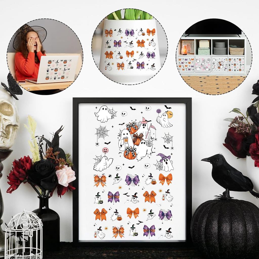 Rngmsi Halloween UV DTF Stickers - 4 Sheets Cute Ghost UV DTF Cup Wraps for 20 oz Tumbler, Bow Pumpkin Cobweb Skull Bat Castle Rub on Transfer Sticker