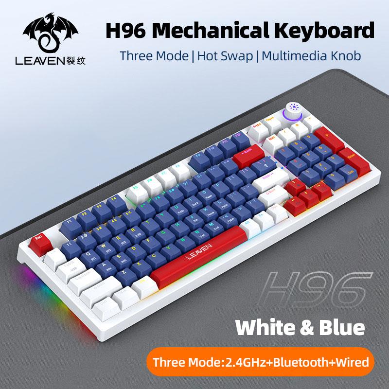 LEAVEN H96 3-Mode Volume Knob USB Type C Cable Wired Wireless BT Hot Swap RGB Gamer Gaming Mechanical Keyboard