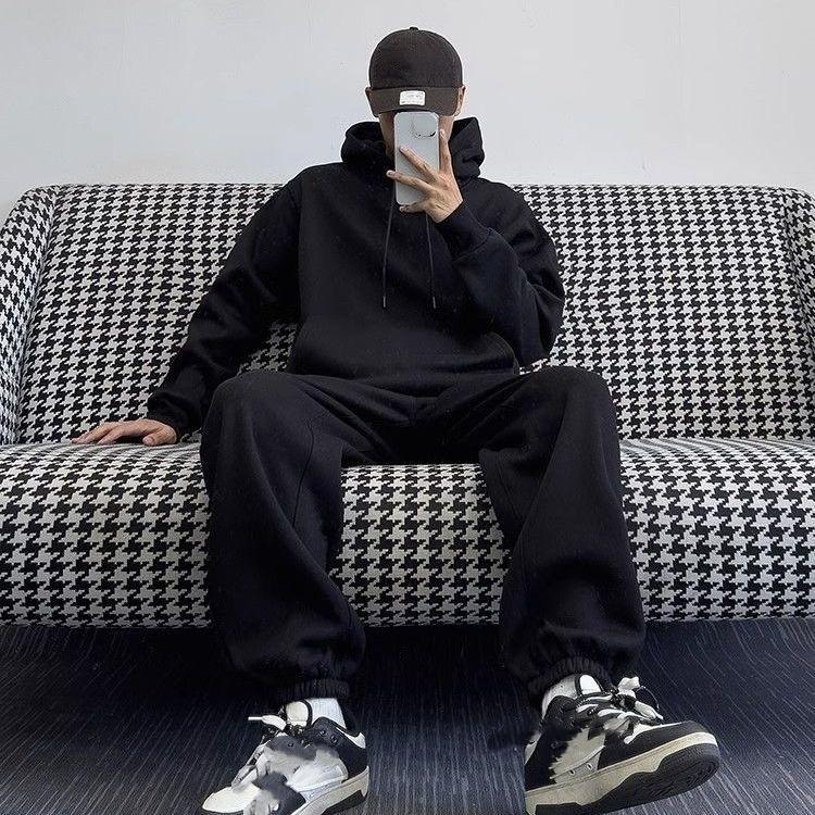 Осенне-зимний модный худи-костюм для пар с плюшевой подкладкой теперь повседневный, свободного кроя, с длинными рукавами.