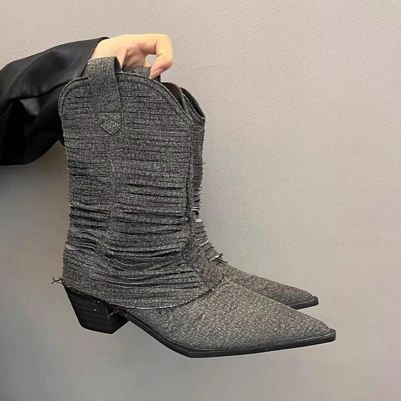 Ковбойские высокие сапоги женские ботильоны остроносые туфли женские зимние сапоги 2024 сексуальные туфли туфли-лодочки зимние челси женские ботинки