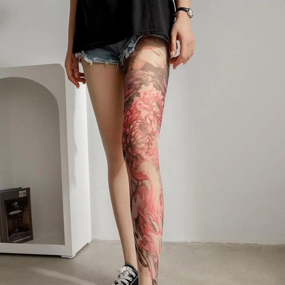 New Fake Tattoo Women's Sexy Printed Tights Perspective Leggings Peony Pantyhose Mesh High Pantyhose Summer