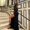 Backless Sexy Black Evening Dress Women's Summer Slim High Waist Long Sleeve Dresses Female Vacation Fashion Elegant Side Slit Bodycon Dress Women
