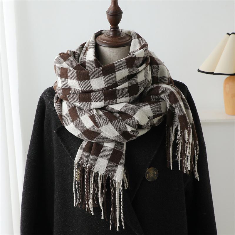 Korean Version Plaid Imitation Cashmere Scarf Fashion Simple Versatile Warm Scarf Women'S Fringed Shawl