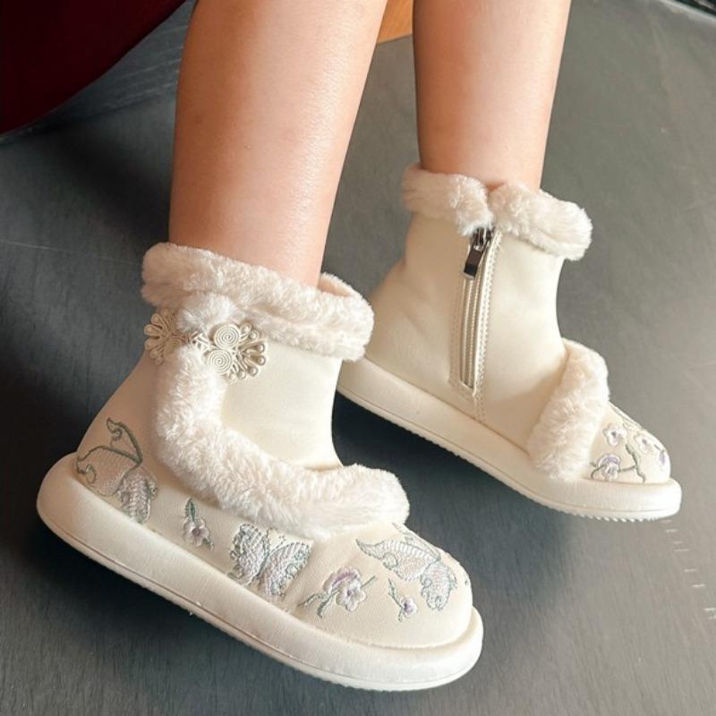 Girls' Traditional Chinese Cotton Shoes with Hanfu Horse-faced Skirt Cotton Boots Exquisite Plush Snow Boots