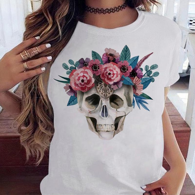 Maycaur Fashion Skull Flower Print Женская футболка Летняя повседневная женская футболка с коротким рукавом и круглым вырезом в стиле 90-х годов, женская футболка, топы