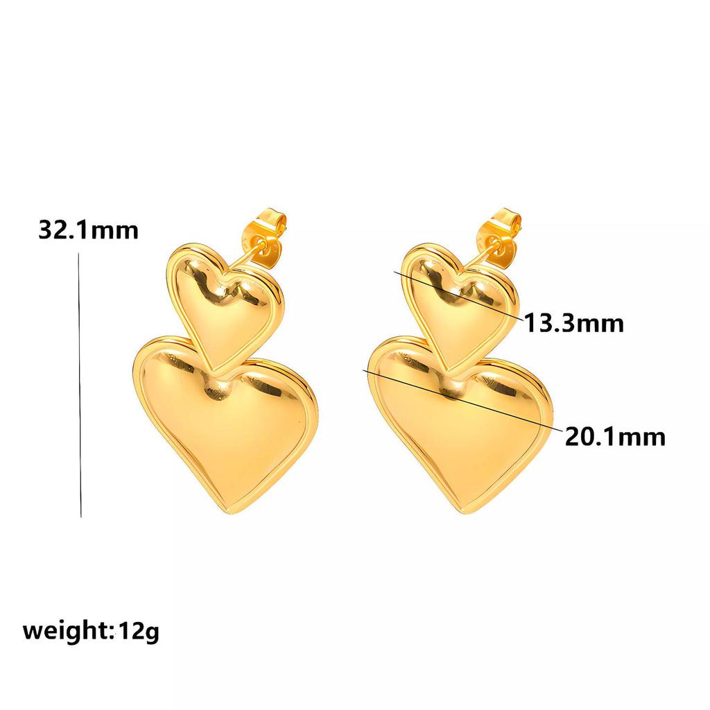 Spot European & American Style 18k Gold Love Pendant Double Heart Stainless Steel Earrings
