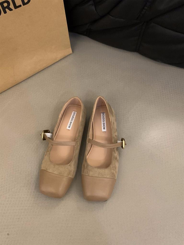 Flat Bottom Square Head Splicing Mary Jane Single Shoes Women's Shoes 2024 New Spring, Autumn and Winter French Retro Suede Evening Shoes