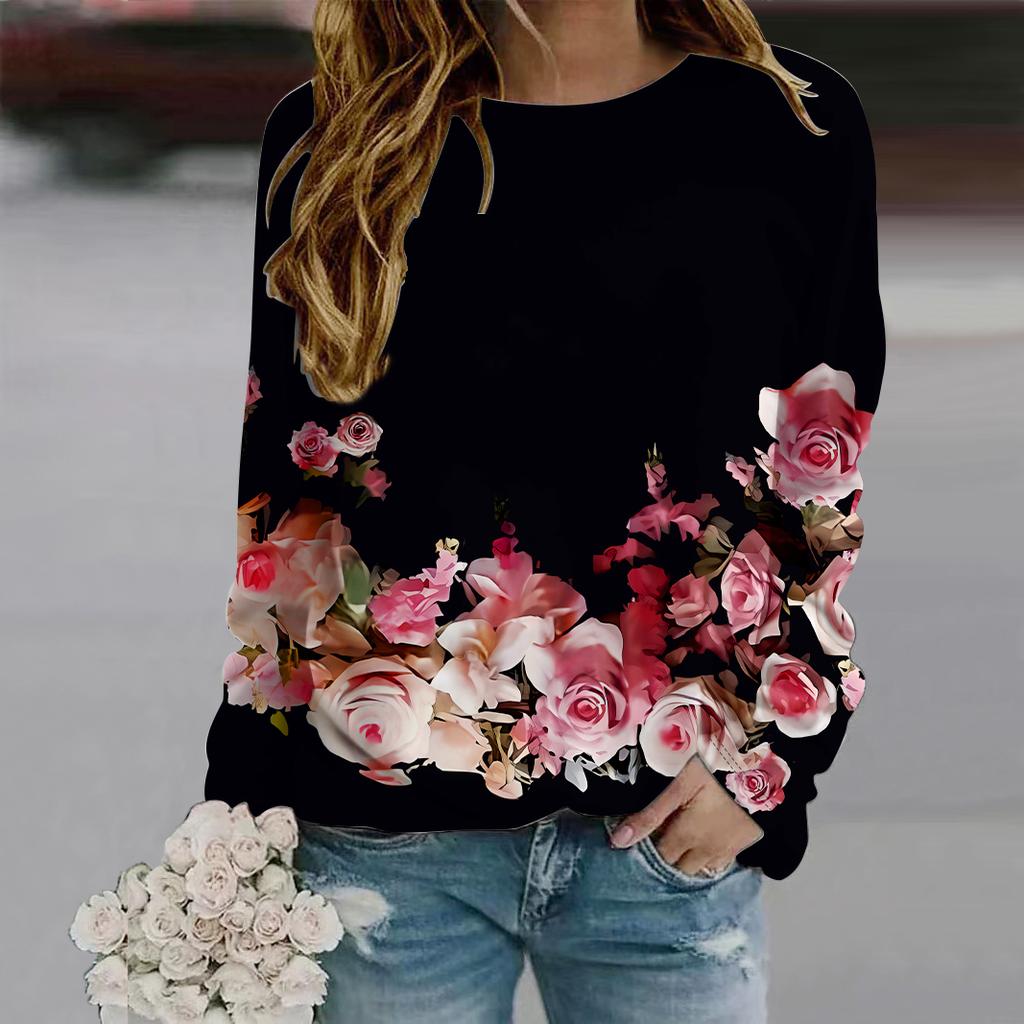 Fall Autumn Women'S Fashion O Neck Long Sleeve T-Shirt Loose Clothes Cool Rose Print T Shirt For Girls Street