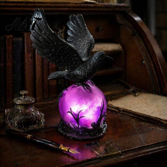 Hand Painted Sculpture Gothic Raven LED Ball Lamp, Mysterious Crow on Orb Sculpture, Whimsical Room Lighting Halloween Decorative Table Lamp