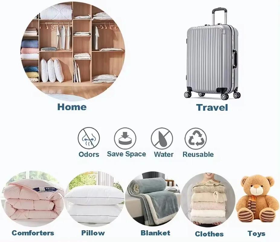 Вакуумные пакеты для хранения, больше места, экономия компрессионного уплотнения для путешествий, застежка-молния для одежды, подушек, постельного белья, шкафа, домашнего органайзера