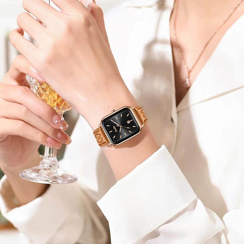 Sunkta Elegant Fashion Woman Watch Square Retro Luxury Silicone Belt Auto Date Casual Waterproof Luminous Quartz Watches for Men