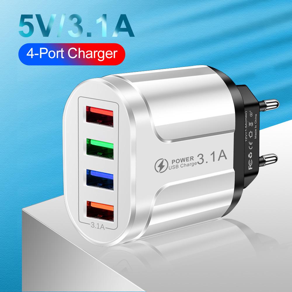 Многопортовое USB-зарядное устройство для путешествий, 4 USB, 5 В/2,4 А, Совместимо с европейскими, американскими, британскими стандартами