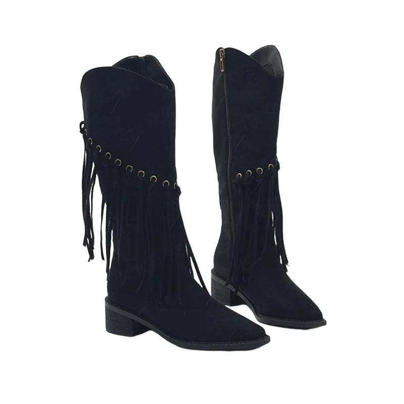 Fashion Luxury Shoes for Women 2024 Fashion Bohemia Knee-length Women's Boots New Pointed Tassels Faux Suede Boots Ladies Platform Shoes