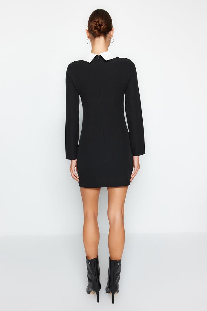 Женское платье, модное черное тканое платье нового сезона с детальным воротником