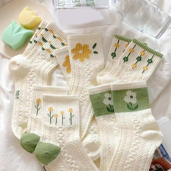 5 Pairs Women Socks Refreshing Flower Prints Mid-tube Shallow-cut High Elasticity Soft Breathable Sweat Absorption Anti-slip Girls Daily Sports Socks