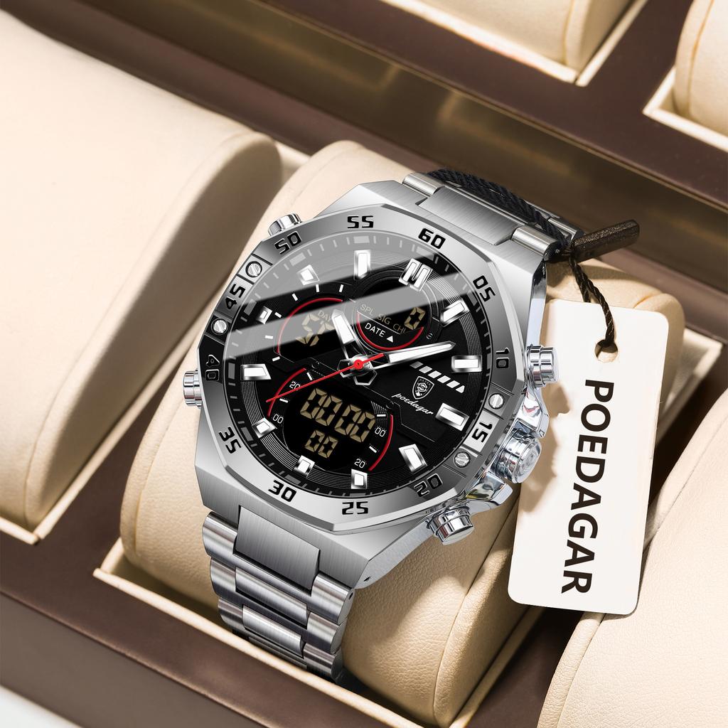 POEDAGAR Top Men Clock LED Luminous Waterproof Week Date Military Man Wristwatch Electronic Stainless Steel Quartz Men's Watches
