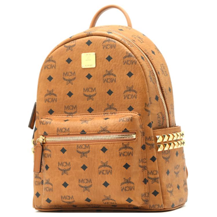 MCM Stark Classic Monogram Double-Sided Studded Commuter Party Canvas And Leather Backpack Unisex backpack Brown Cognac MMKAAVE15CO001