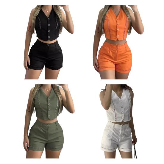 Женский комплект из двух предметов, без рукавов, комплект из жилета с V-образным вырезом на пуговицах и шорт с карманом, летний повседневный наряд