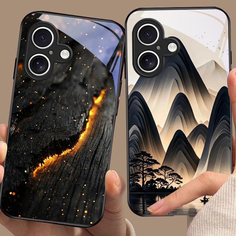 Высокий горный поток для Apple iPhone 16E 16 E 11 13 15 P Ro 14 Pro Max 12 Mini 7 8 Plus XR X XS Черный чехол для телефона из закаленного стекла
