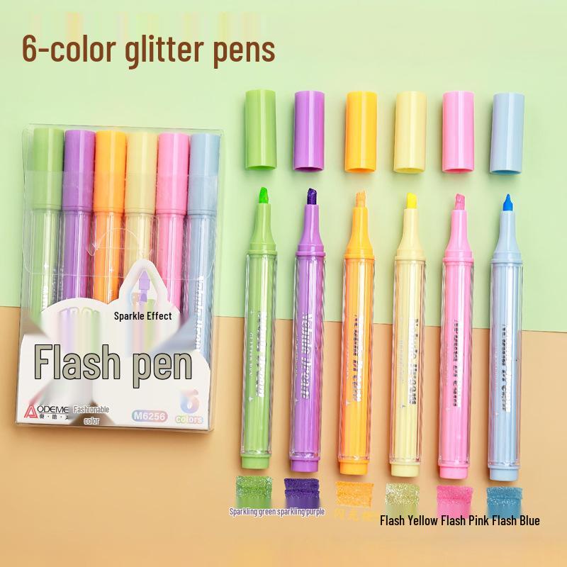 6-Color Large Capacity Fluorescent Glitter Pens with Oblique Tips for Journaling and DIY Projects