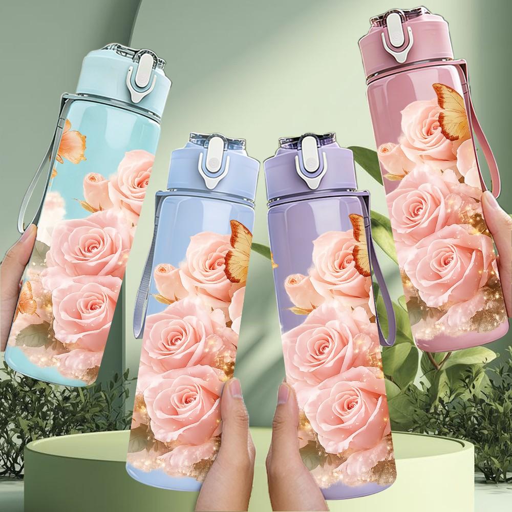 1PC Soft Pink Rose Bouquet Print 750ml Color Plastic Sports Water Bottle Leakproof Flip Straw Lid Suitable for Sports Office Home Use