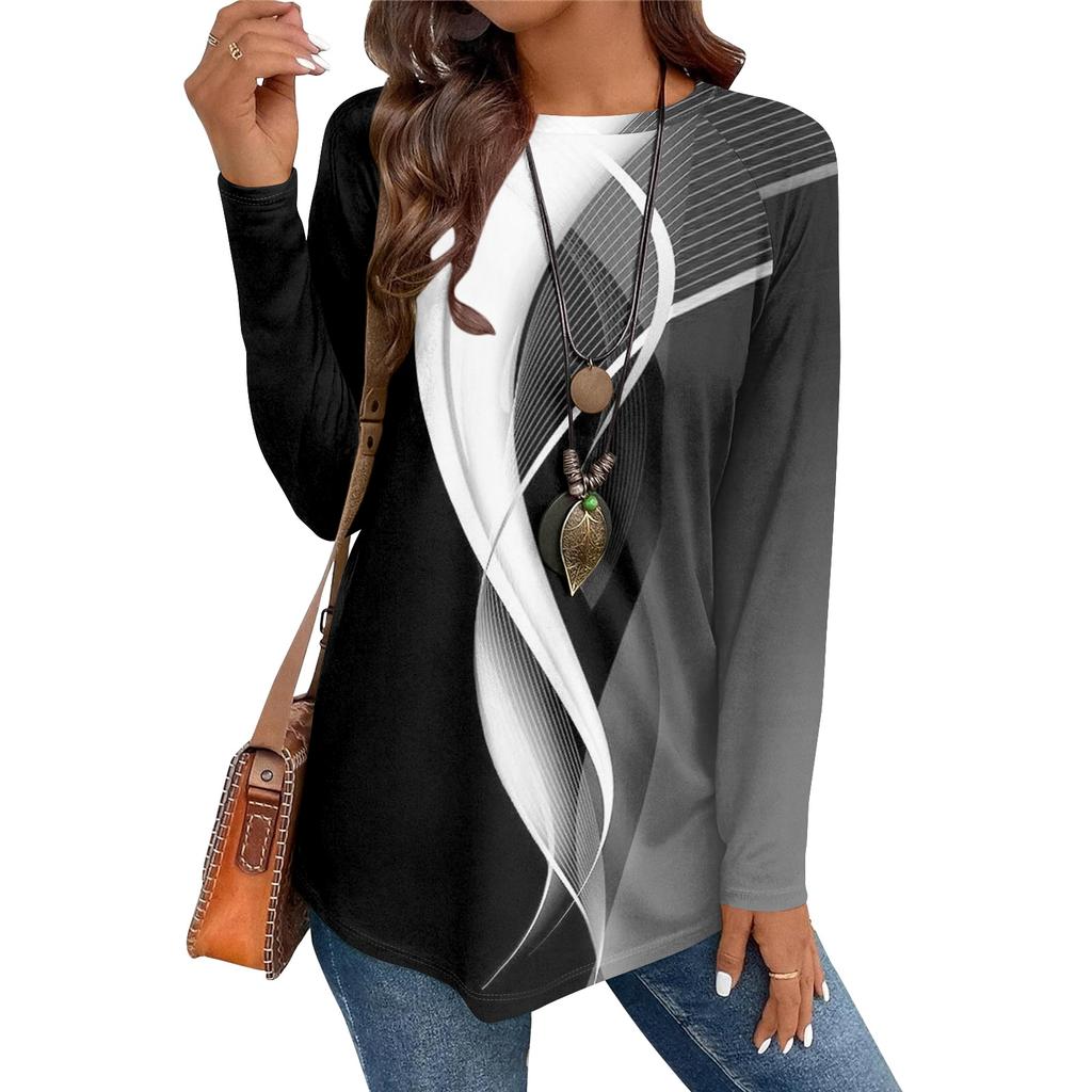 Женская повседневная футболка большого размера с длинными рукавами и круглым вырезом, винтажный этнический принт, топ-пуловер