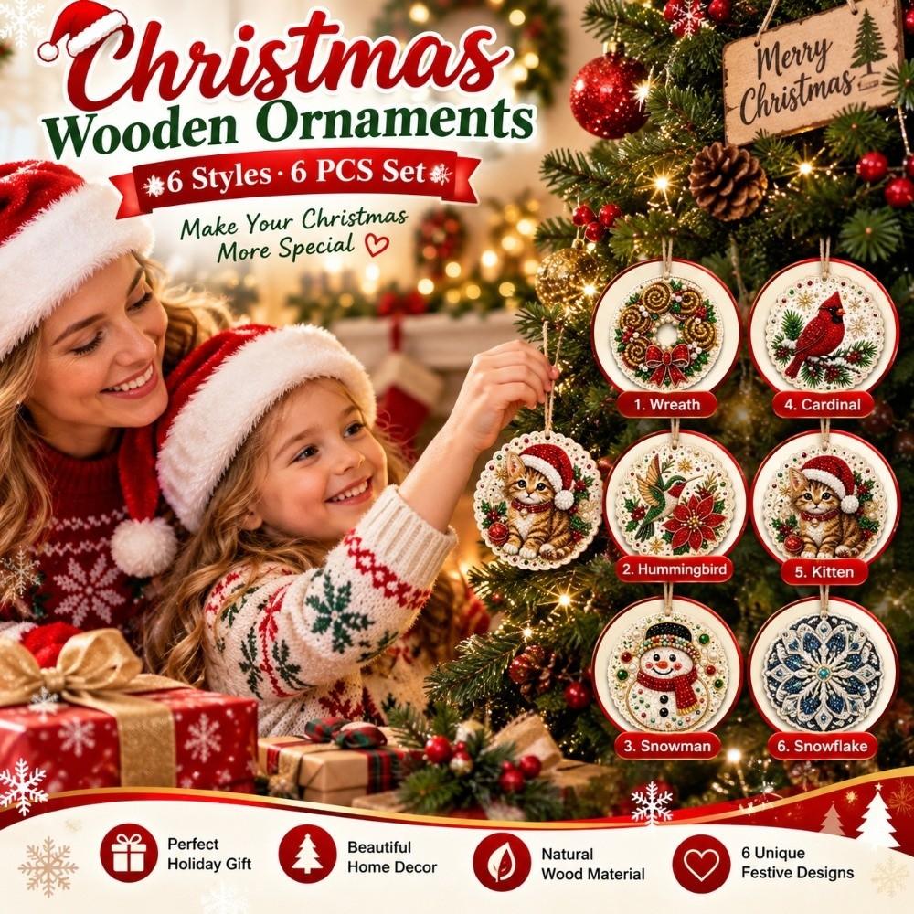 6pcs DIY Craft Pearl Diamond Painting Kit Santa Wooden Tag Pendants Home Decor