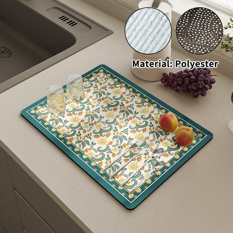 Kitchen Dish Mat Absorbent Dining Table Mats Retro Non-Slip Drain Pad Draining Placemat Coffee Dish Tableware Mat For Home Decor