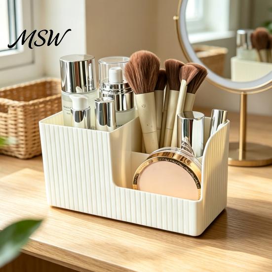 Desktop Organizer Storage Box with Three Compartments, Vertical Stripes Plastic Cosmetic Display Stand Organizer, Space Saving Container for Cosmetics