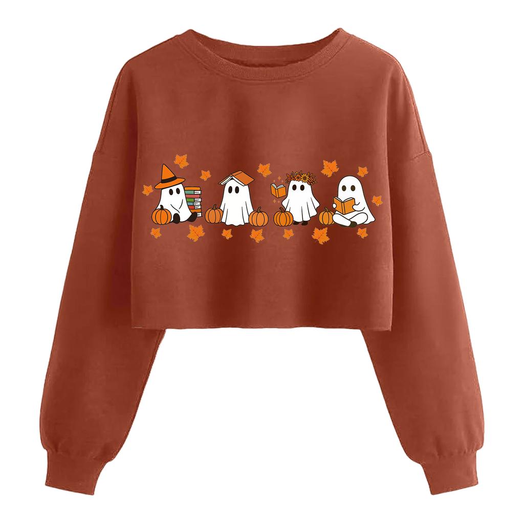 Женский модный пуловер с длинным рукавом и принтом на Хэллоуин, открывающий живот