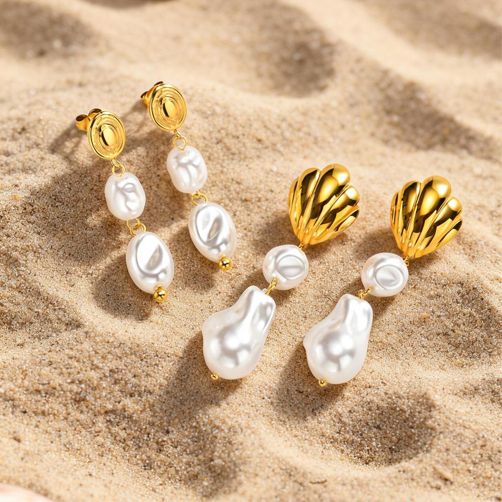 Vnox Stainless Steel Irregular Textured Oval Imitation Pearl Earrings Gold Plated Pearl Dangle Earrings Jewelry Birthday Gift